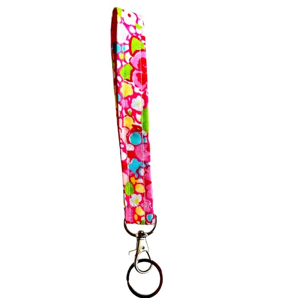 HAND CRAFTED Colorful Pink Cotton Fabric Wristlet Carrying Key Ring Accessory - Picture 6 of 7